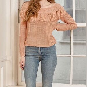 NWT Lulus Sew Prepared Dusty Rose Fringe Knit Off Shoulder Sweater Sz S
